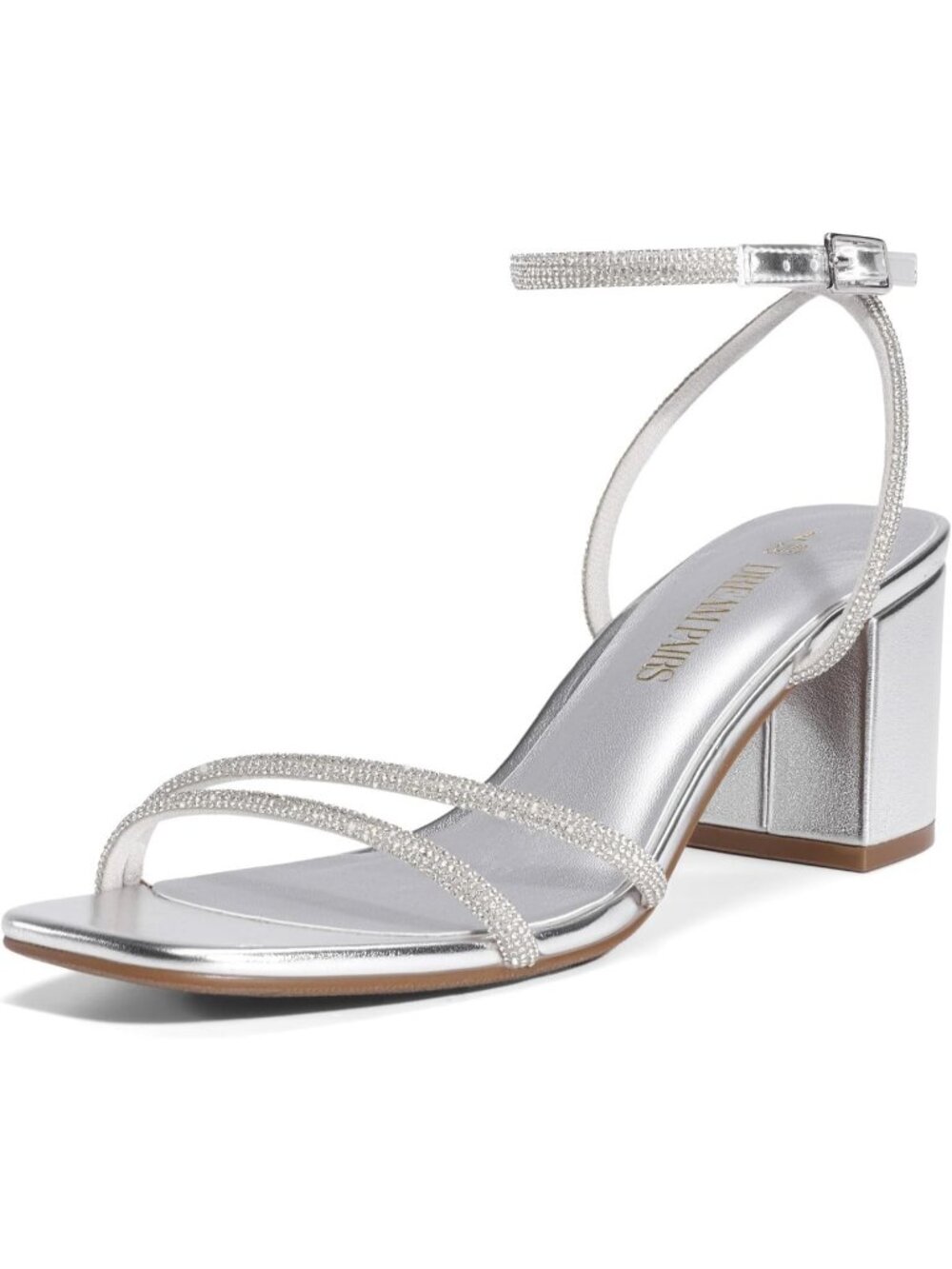 Women's Silver Faux Leather Square-Toe Chunky Block Ankle Buckle Heeled Sandals